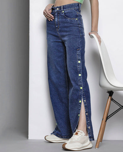 Women Blue Side Button Placket Stretch Straight Jeans
