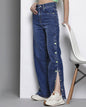 Women Blue Side Button Placket Stretch Straight Jeans