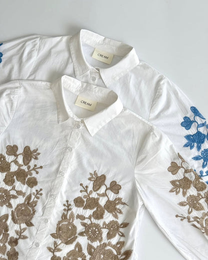 “Women’s White Button-Down Shirt with Blue Floral Embroidery – Casual Long Sleeve Top”
