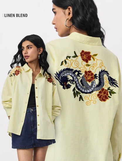 Cotton Linen Shirt: Dragon   Women Boyfriend Shirts