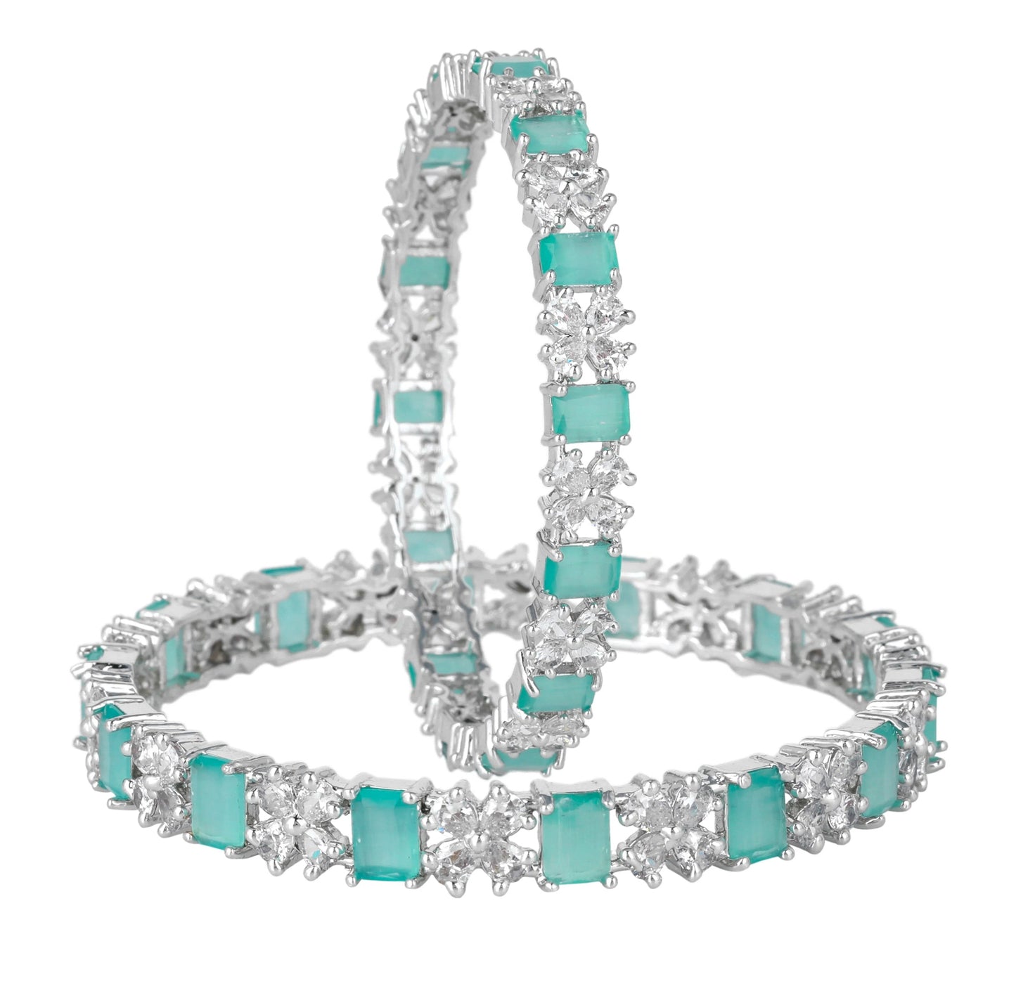 Estele Rhodium Plated Gleaming Mint Green American Diamond Bangles Available in 2:4, 2:6, & 2:8 Sizes|Dazzling Touch of Elegance for Women