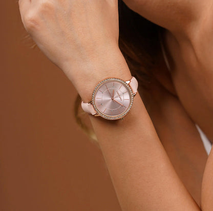 SUNRISE ALL PINK RHINESTONE PU STRAP WATCH