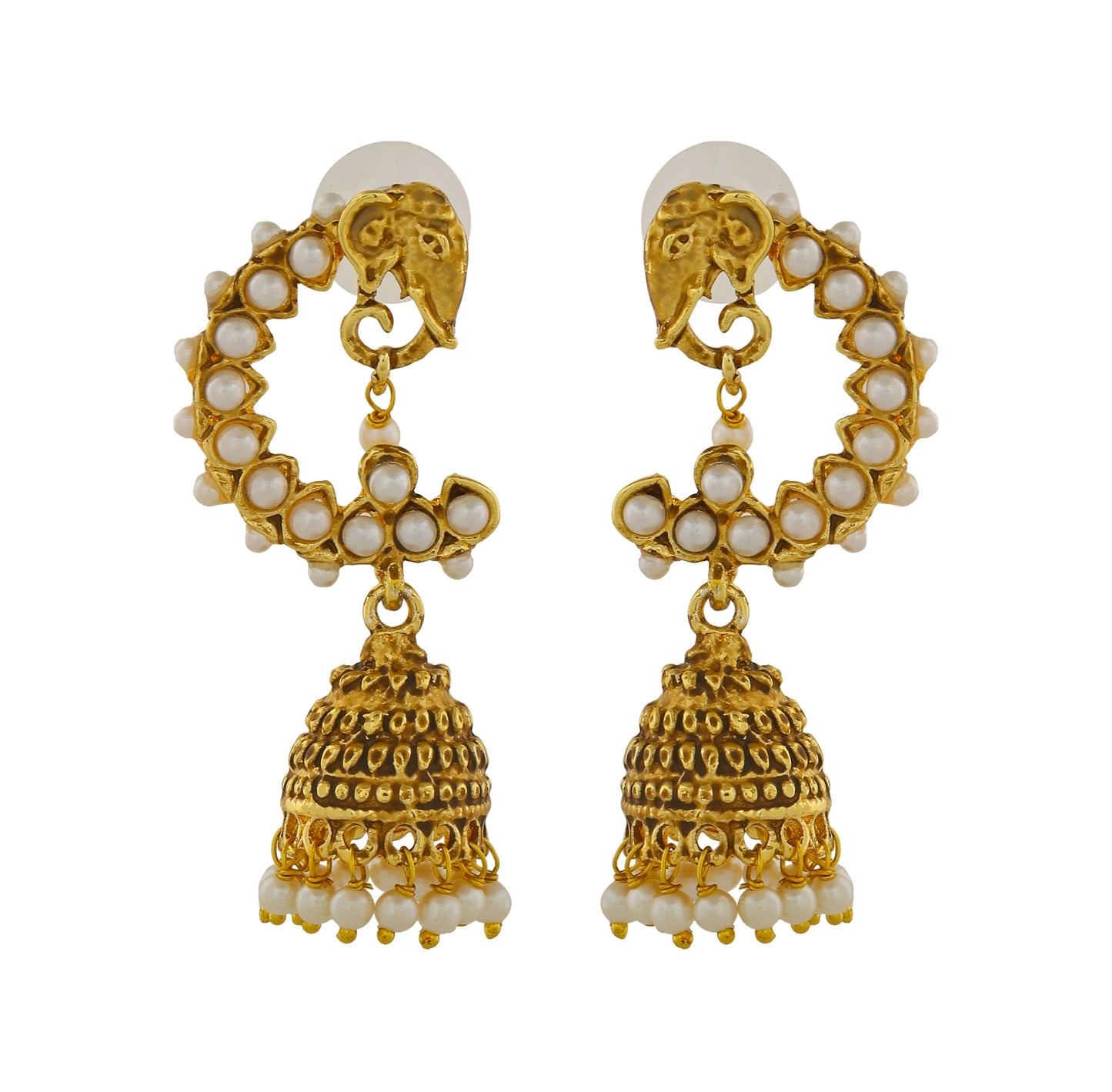 Gold Plated Elephant Designer Traditional Jhumka Earrings with White Pearls for Girls & Women