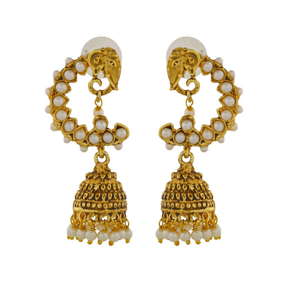 Gold Plated Elephant Designer Traditional Jhumka Earrings with White Pearls for Girls & Women