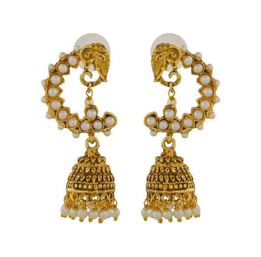 Gold Plated Elephant Designer Traditional Jhumka Earrings with White Pearls for Girls & Women