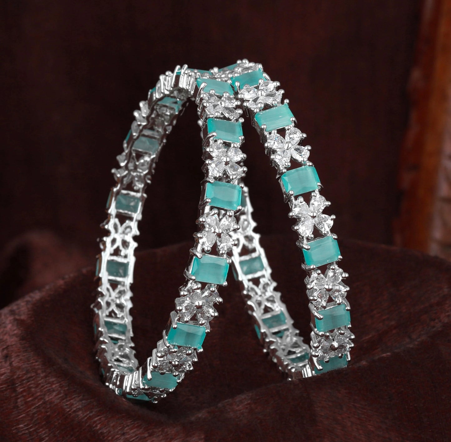 Estele Rhodium Plated Gleaming Mint Green American Diamond Bangles Available in 2:4, 2:6, & 2:8 Sizes|Dazzling Touch of Elegance for Women