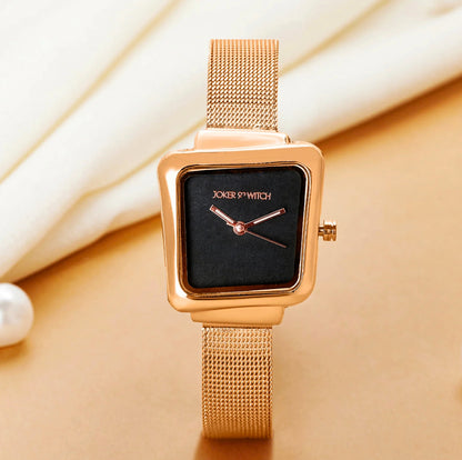 REGALIA ROSE GOLD WATCH WITH A BLACK DIAL AND A MESH STRAP