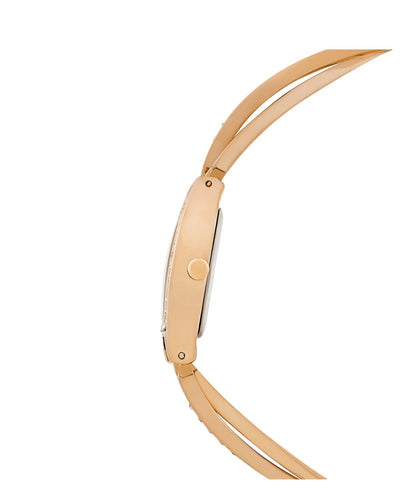 VICTORIA ELEGANCE ROSE GOLD WATCH WITH WHITE DIAL AND RHINESTONE-ACCENTED METALLIC BRACELET STRAP