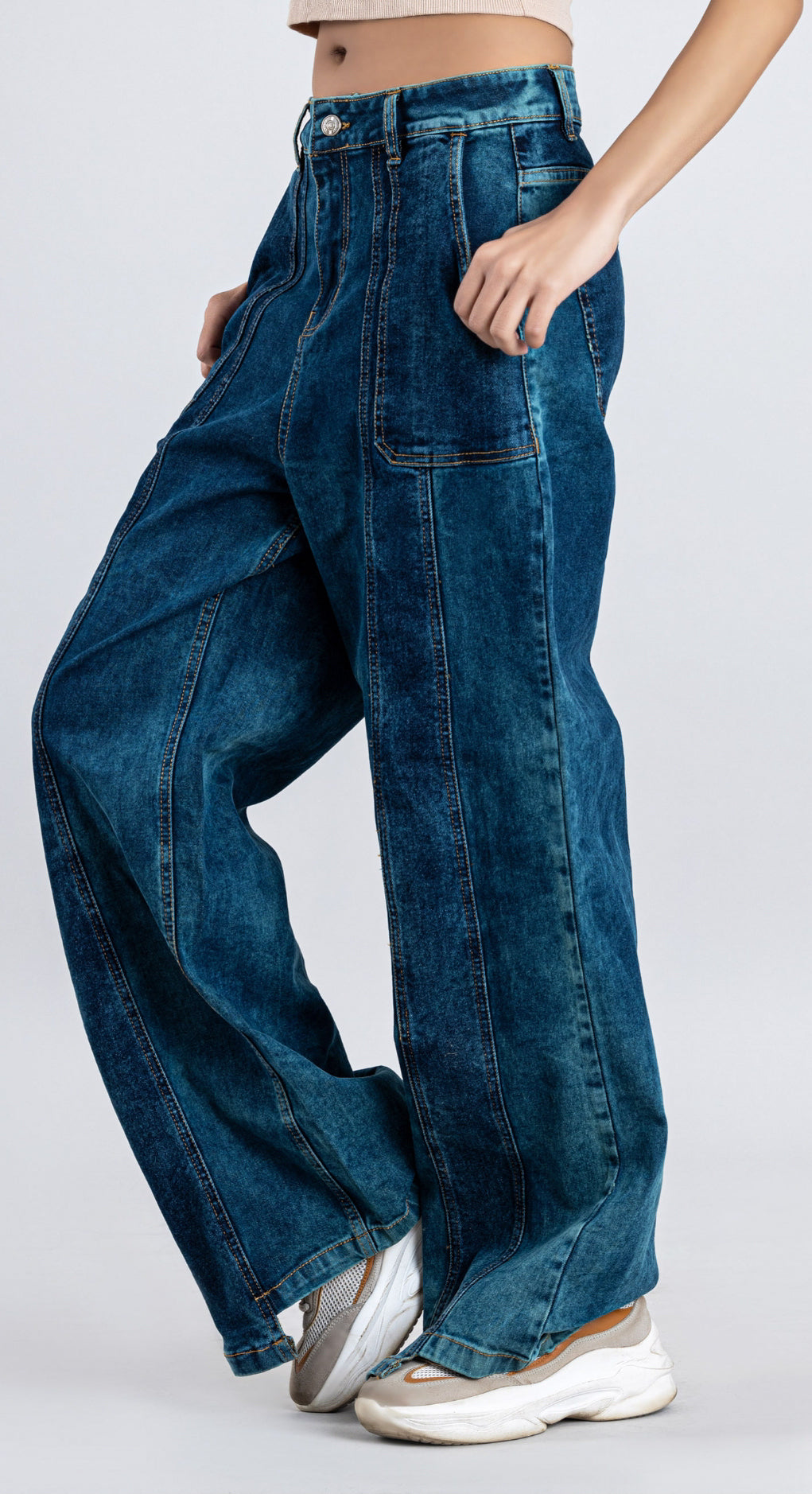 Blue Wide Leg Cross Panel
Thigh Open Women's Jeans