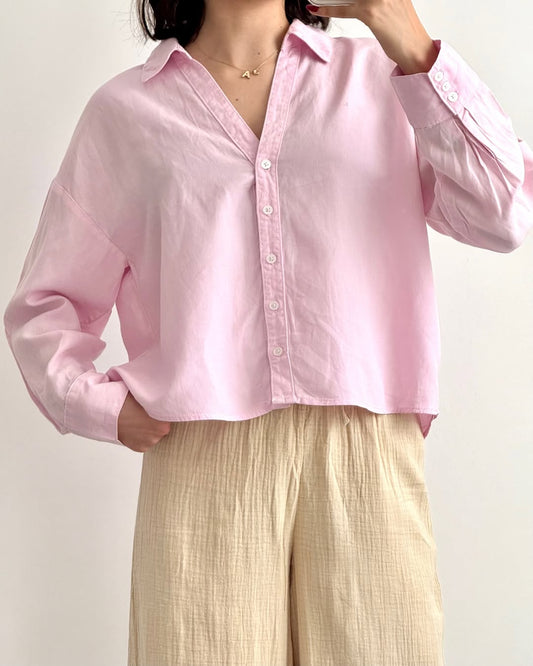 Women’s Solid Satin Long Sleeve Button-Down Shirt – White &pink