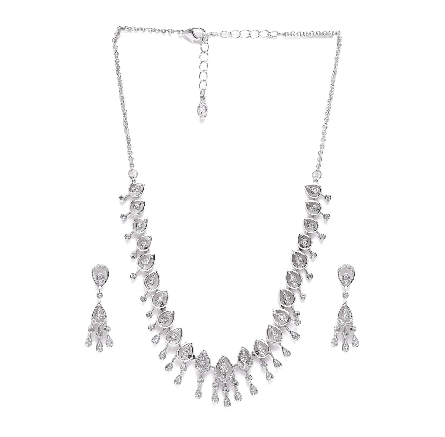 Estele Crystal Blooms Rhodium Plated Lightweight White American Diamond Necklace Set for Women-Dazzling Shine for Every Occasion