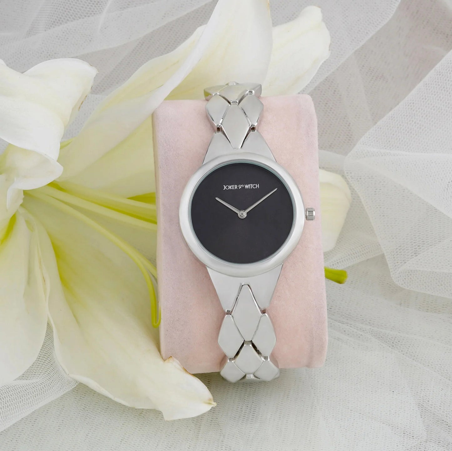 ATHENS BLACK DIAL SILVER METALLIC STRAP WATCH