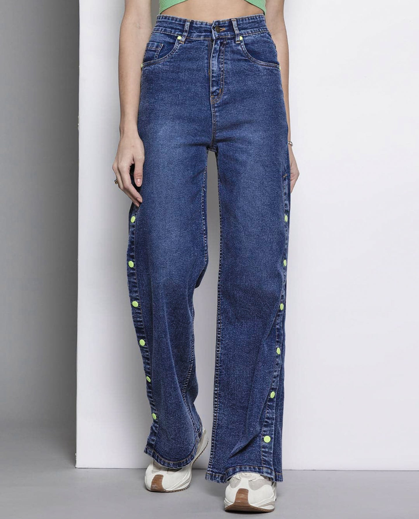 Women Blue Side Button Placket Stretch Straight Jeans