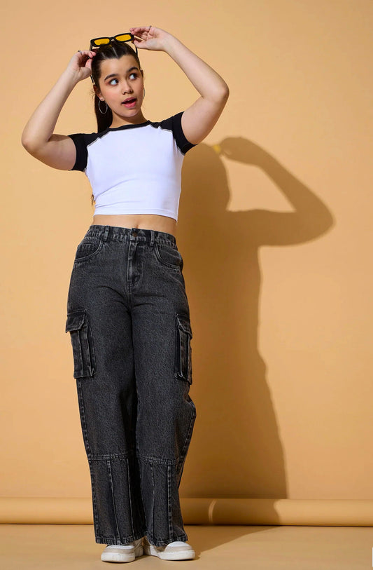 Girls Black Wash Hem Pin Tuck Straight Jeans