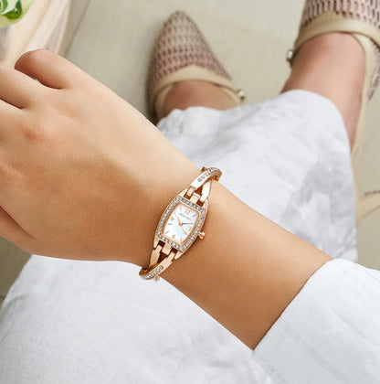 VICTORIA ELEGANCE ROSE GOLD WATCH WITH WHITE DIAL AND RHINESTONE-ACCENTED METALLIC BRACELET STRAP