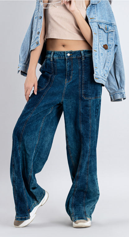 Blue Wide Leg Cross Panel
Thigh Open Women's Jeans
