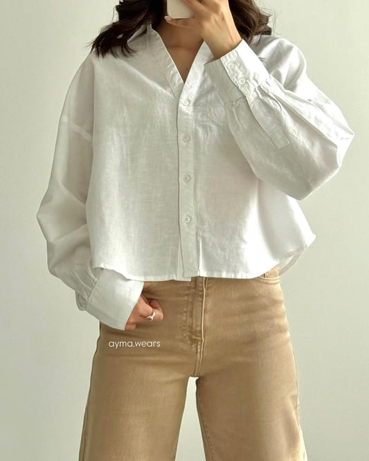 Minimalist Oversized Cropped Button-Up Shirt –