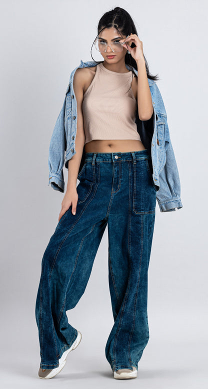 Blue Wide Leg Cross Panel
Thigh Open Women's Jeans