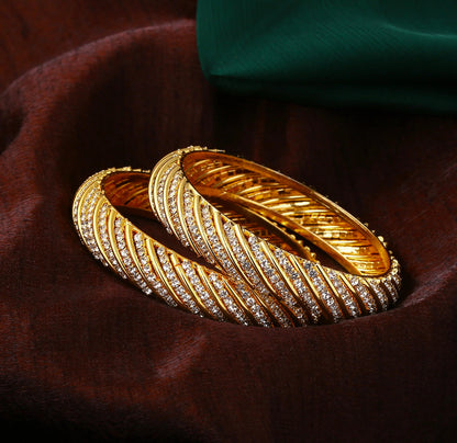 Gold Plated Stylish Chunky Traditional 2:4 Size Bangles with Premium White American Diamonds woman