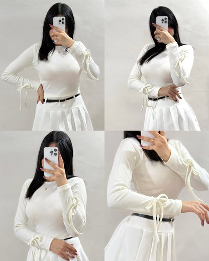 Women’s  Ribbed Full Sleeve Crop Top with Tie Detailing – Casual Stylish Wear