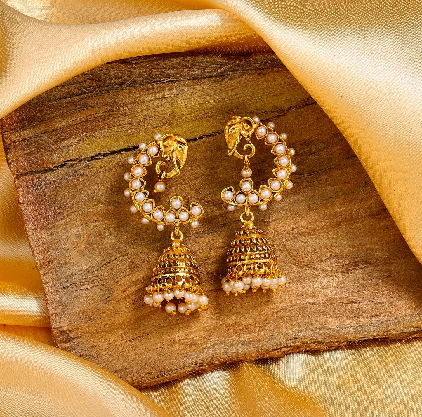 Gold Plated Elephant Designer Traditional Jhumka Earrings with White Pearls for Girls & Women