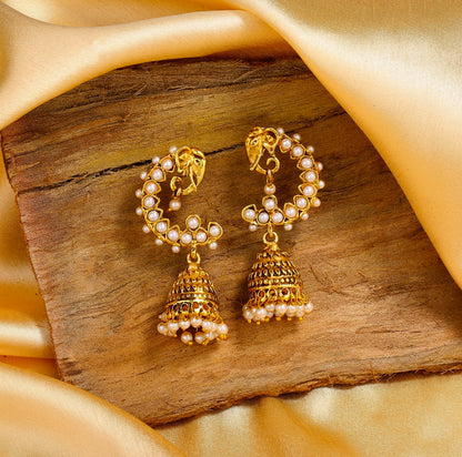 Gold Plated Elephant Designer Traditional Jhumka Earrings with White Pearls for Girls & Women