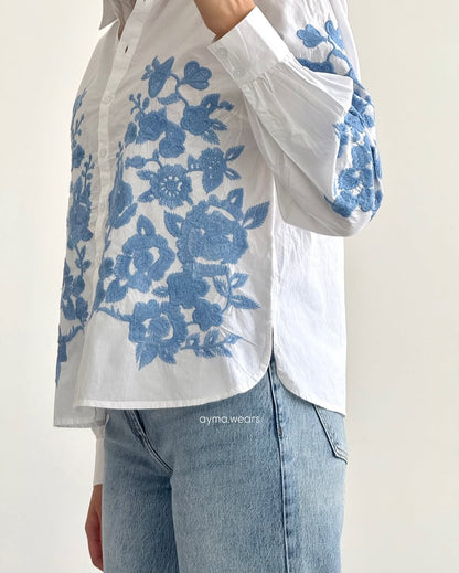 “Women’s White Button-Down Shirt with Blue Floral Embroidery – Casual Long Sleeve Top”