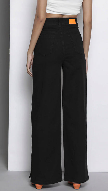 Women Black Side Button Placket Stretch Straight Jeans