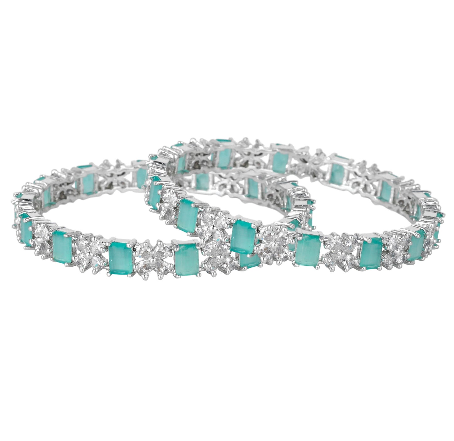 Estele Rhodium Plated Gleaming Mint Green American Diamond Bangles Available in 2:4, 2:6, & 2:8 Sizes|Dazzling Touch of Elegance for Women