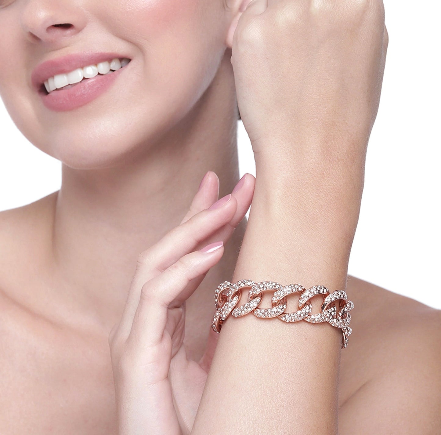 Rose Gold Plated Exquisite CubanEstele Rose Gold Plated Exquisite Cuban Bracelet with Stunning White Crystals for Women Bracelet for Women