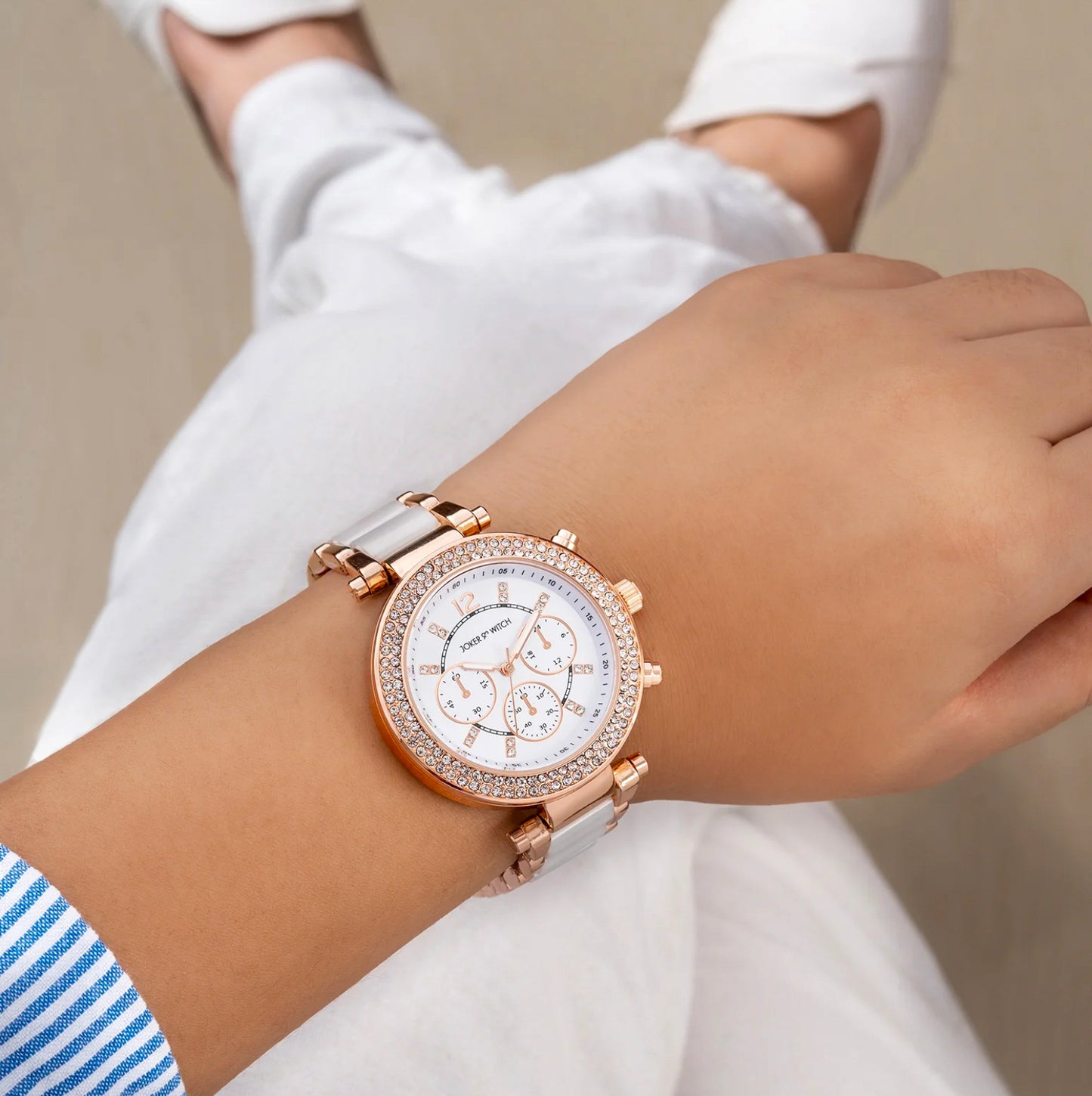 SUZANNE ROSEGOLD AND WHITE CERAMIC METALLIC STRAP WATCH