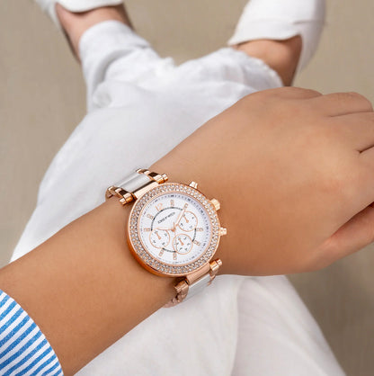 SUZANNE ROSEGOLD AND WHITE CERAMIC METALLIC STRAP WATCH
