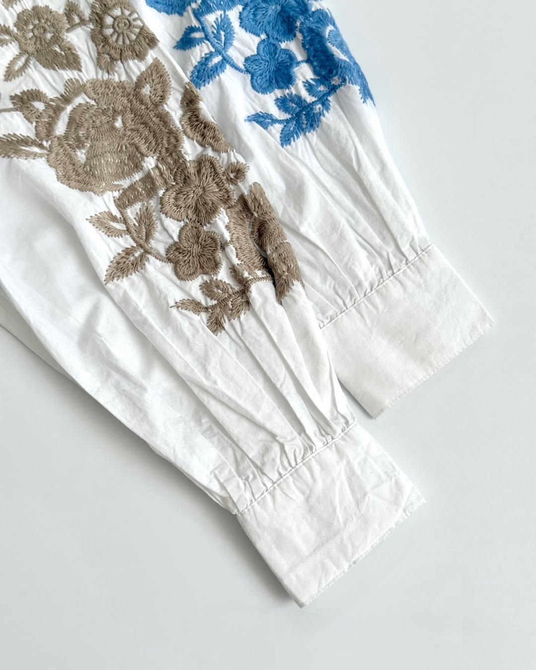 “Women’s White Button-Down Shirt with Blue Floral Embroidery – Casual Long Sleeve Top”