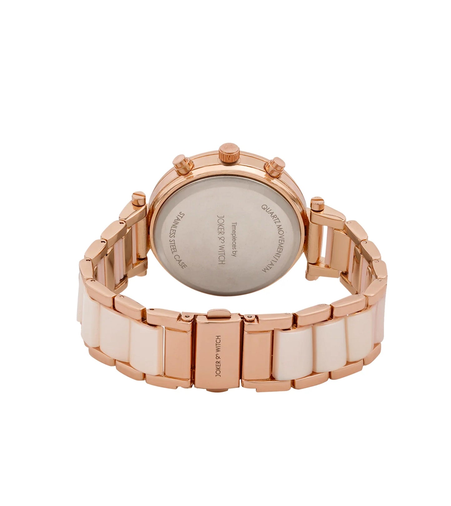 SUZANNE ROSEGOLD AND WHITE CERAMIC METALLIC STRAP WATCH