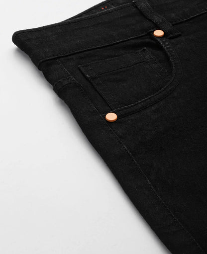 Women Black Side Button Placket Stretch Straight Jeans