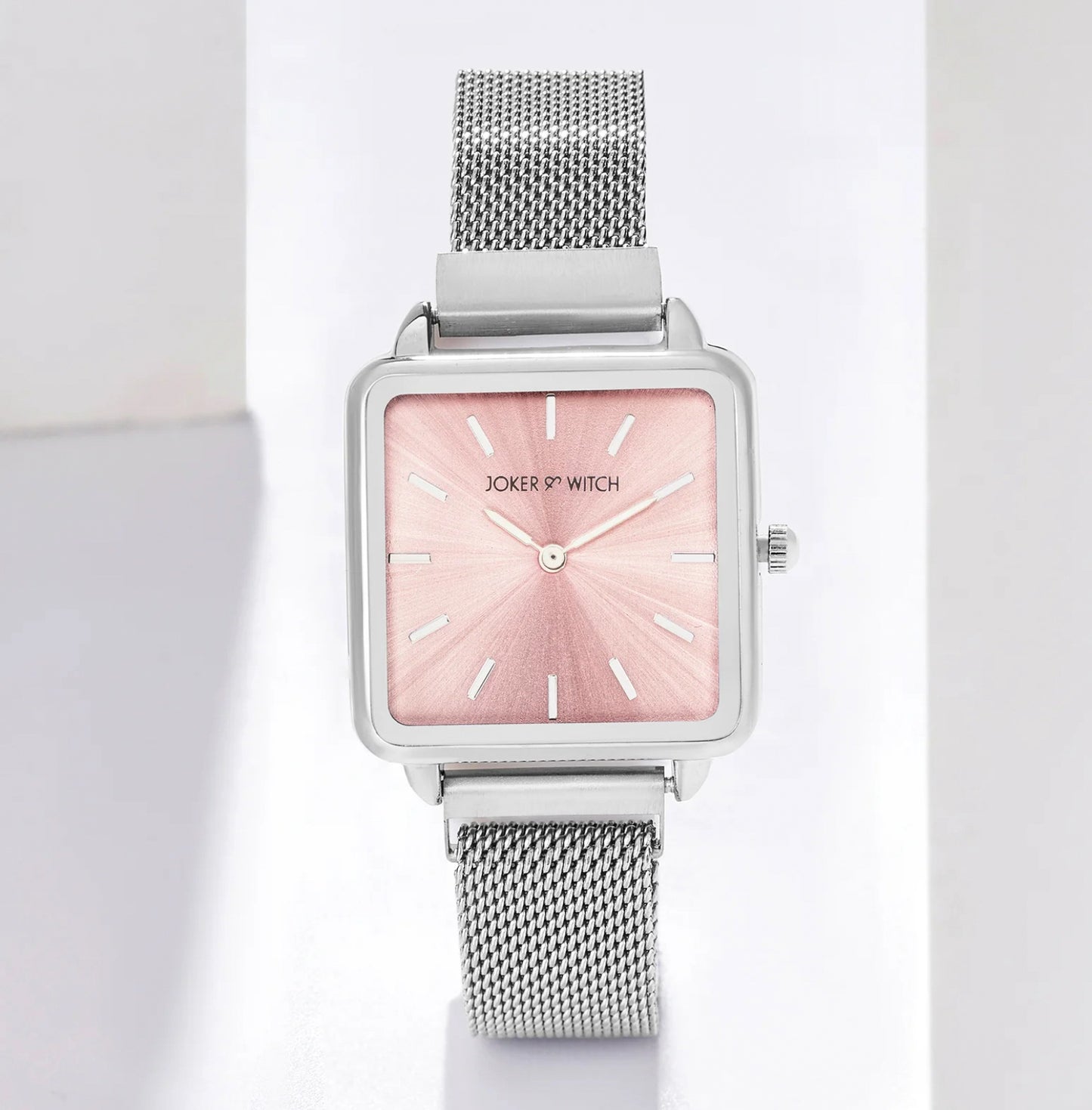 VINTAGE LIGHT PINK SQUARE DIAL SILVER METALLIC STRAP WATCH.