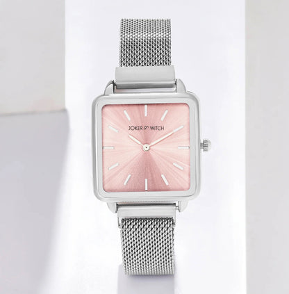 VINTAGE LIGHT PINK SQUARE DIAL SILVER METALLIC STRAP WATCH.