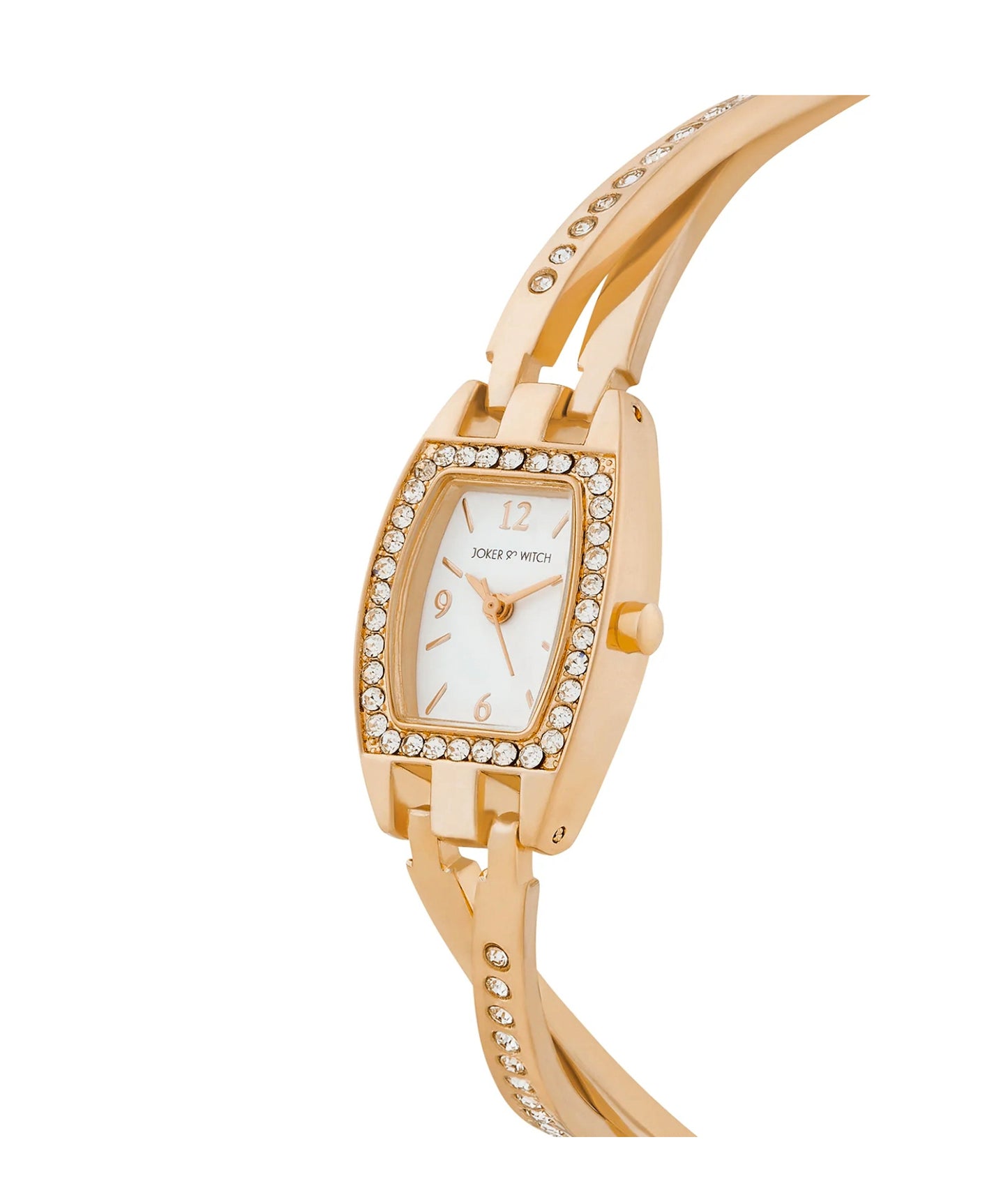 VICTORIA ELEGANCE ROSE GOLD WATCH WITH WHITE DIAL AND RHINESTONE-ACCENTED METALLIC BRACELET STRAP
