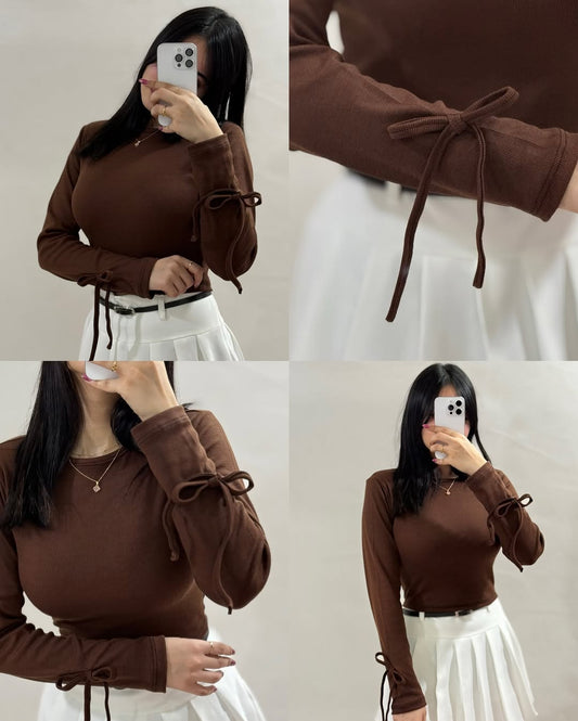 Women’s  Ribbed Full Sleeve Crop Top with Tie Detailing – Casual Stylish Wear”
