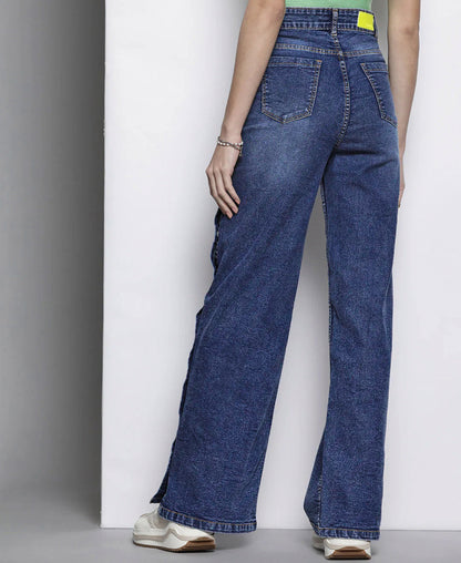 Women Blue Side Button Placket Stretch Straight Jeans